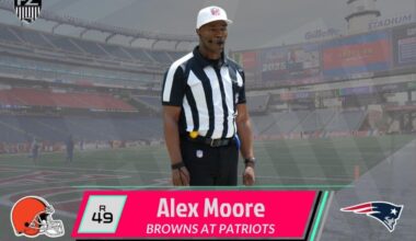 Ref for Browns vs Patriots - Alex Moore, Alex Moore's crew leads the NFL throwing an average 21.9 flags per game. They're second in declined flags per game, at 4.