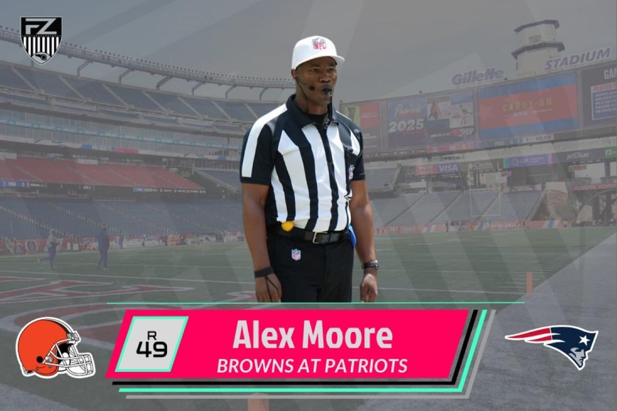 Ref for Browns vs Patriots - Alex Moore, Alex Moore's crew leads the NFL throwing an average 21.9 flags per game. They're second in declined flags per game, at 4.