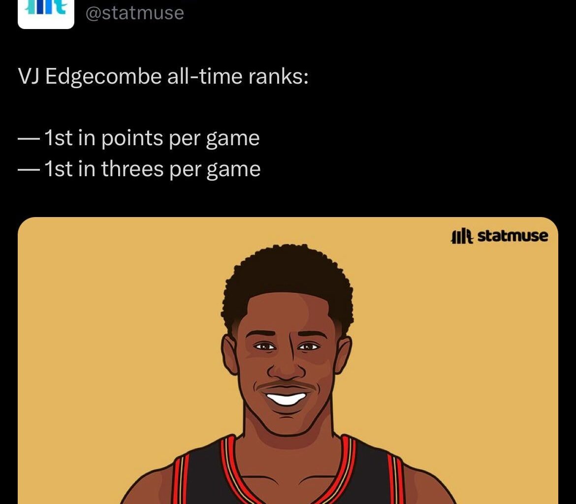 [Statmuse] VJ Edgecombe All-Time ranks: 1st in PPG, 1st in 3s per game