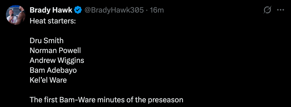 Starters: Dru Smith, Norman Powell, Andrew Wiggins, Bam Adebayo, Kel’el Ware