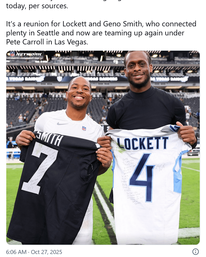 [Tom Pelissero] Veteran WR Tyler Lockett is signing with the #Raiders today, per sources. It’s a reunion for Lockett and Geno Smith, who connected plenty in Seattle and now are teaming up again under Pete Carroll in Las Vegas.