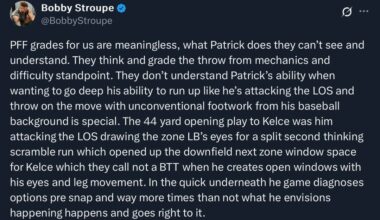 [Stroupe] Mahomes personal trainer talks PFF over recent criticism of their system’s Mahomes performance grades.