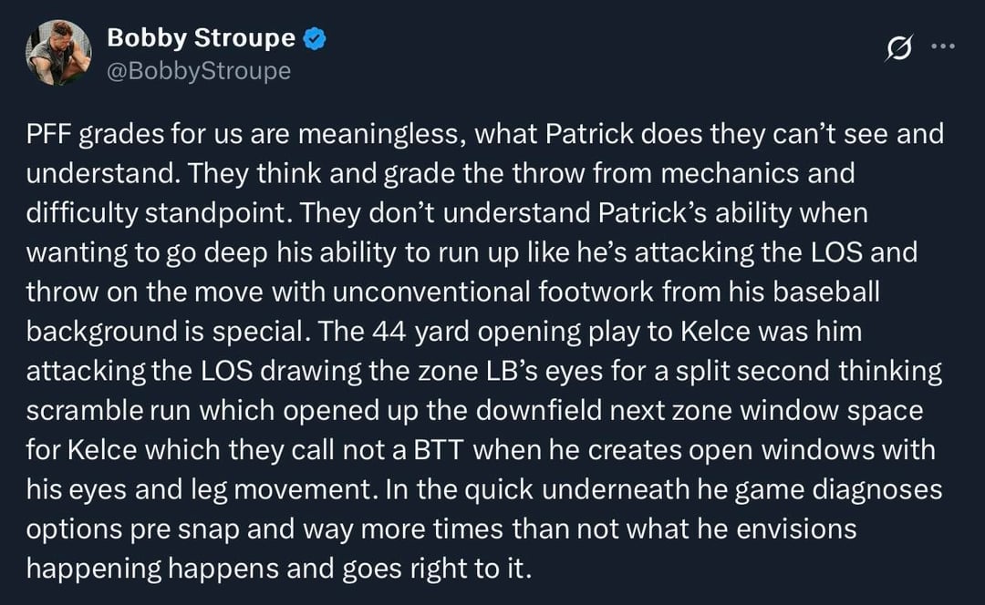 [Stroupe] Mahomes personal trainer talks PFF over recent criticism of their system’s Mahomes performance grades.