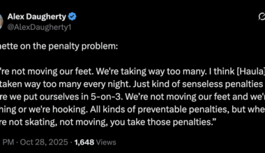 [Daugherty] Brunette on the penalty problem: “We're not moving our feet. We're taking way too many. I think [Haula] has taken way too many every night. Just kind of senseless penalties where we put ourselves in 5-on-3...All kinds of preventable penalties"