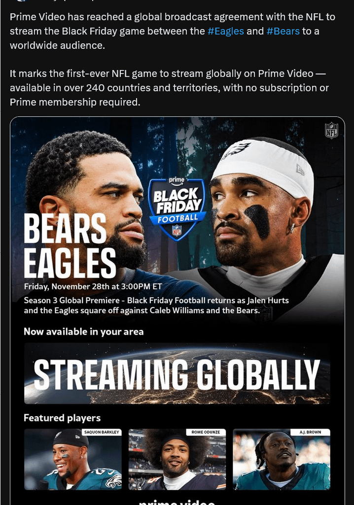 [Meirov] The Bears will compete on a global stage on Black Friday thru Prime Video