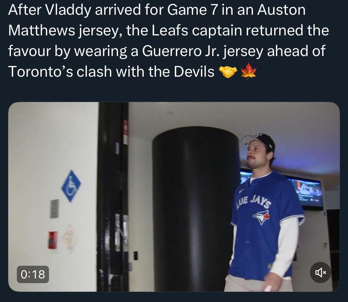 [Sportsnet] After Vladdy arrived for Game 7 in an Auston Matthews jersey, the Leafs captain returned the favour by wearing a Guerrero Jr. jersey ahead of Toronto’s clash with the Devils 🤝🍁