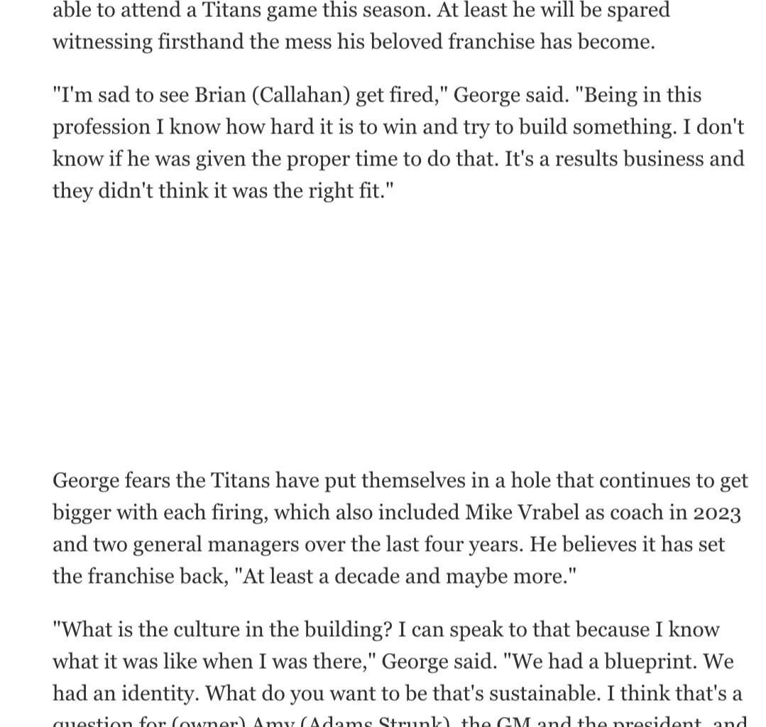 Eddie George thinks the Titans have been set back “at least a decade”