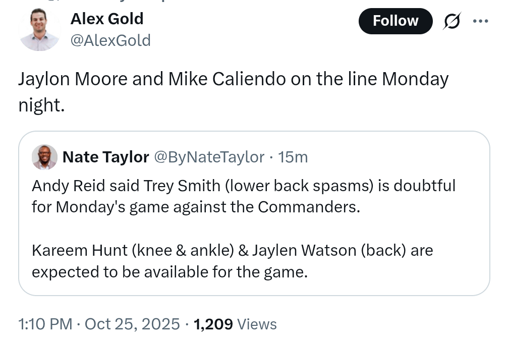 [Gold] Jaylon Moore and Mike Caliendo are expected to start on the offensive line Monday night in place of Josh Simmons and Trey Smith
