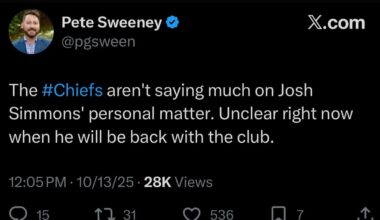 [Sweeney] The #Chiefs aren't saying much on Josh Simmons' personal matter. Unclear right now when he will be back with the club.