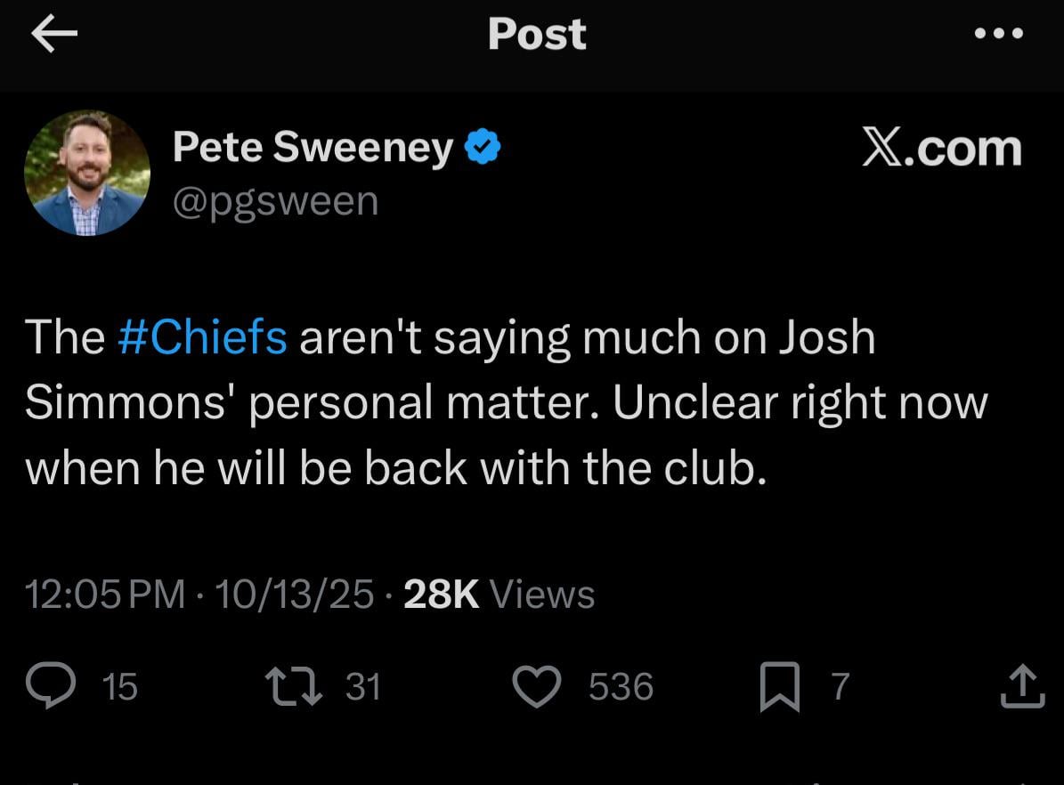 [Sweeney] The #Chiefs aren't saying much on Josh Simmons' personal matter. Unclear right now when he will be back with the club.