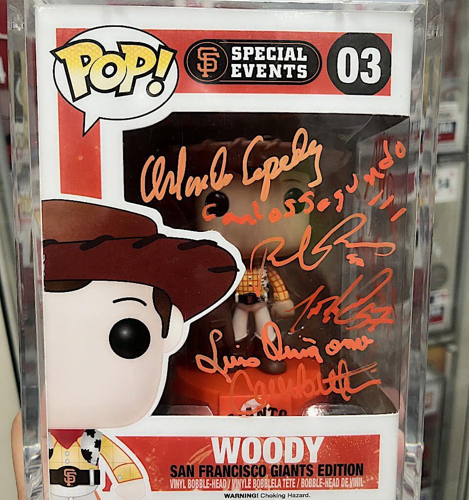 Giants x Toy Story crossover? This Woody Funko was signed by Carlos Segundo (Woody’s Latin voice), plus a few others. Can anyone recognize the other signatures?