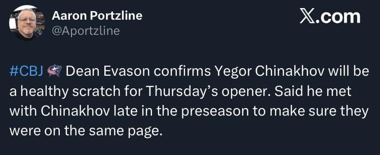 [Portzline] Dean Evason confirms Yegor Chinakhov will be a healthy scratch for Thursday’s opener
