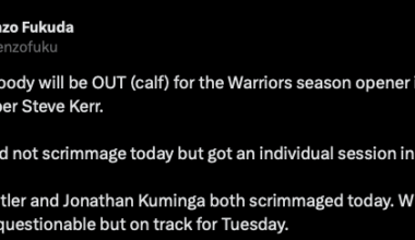 [Fukuda] Moses Moody will be OUT (calf) for the Warriors season opener in Los Angeles, per Kerr. Jimmy Butler and Kuminga will be listed as questionable but on track to for Tuesday.