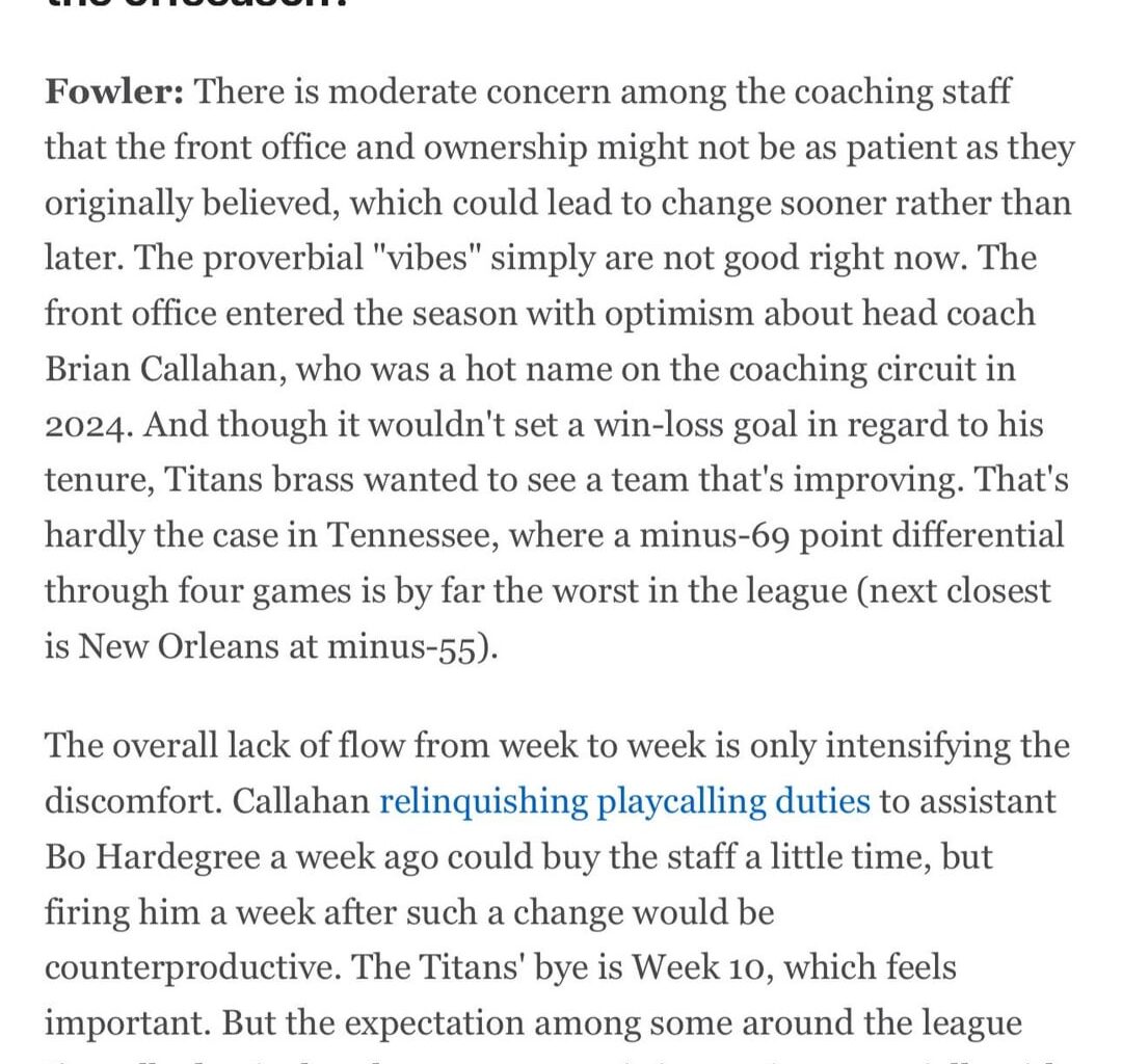 Here’s the Titans’ portion of ESPN’s latest article. Looks like ownership is losing patience with Callahan and Tennessee is viewed as a desirable coaching location around the league. (Scroll through for the full portion)