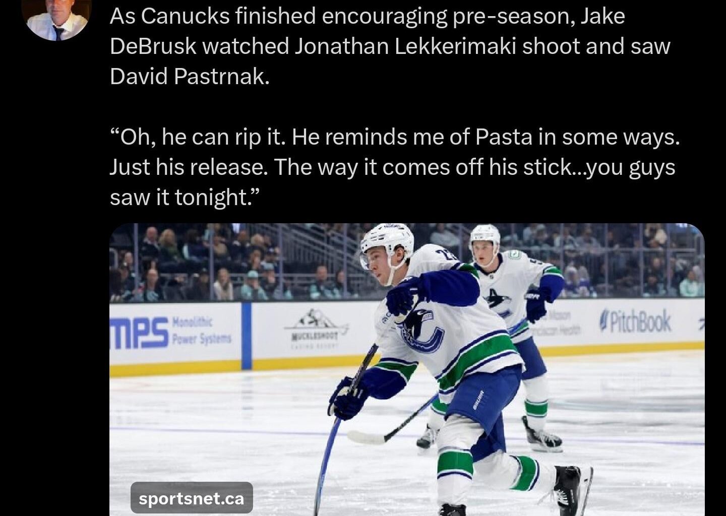 Jake DeBrusk on Jonathan Lekkerimaki: "Oh, he can rip it. He reminds me of Pasta in some ways. Just his release. The way it comes off his stick...you guys saw it tonight." @imacSportsnet [X/Sportsnet.ca]
