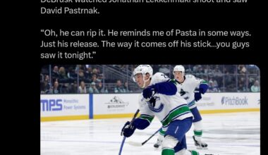 Jake DeBrusk on Jonathan Lekkerimaki: "Oh, he can rip it. He reminds me of Pasta in some ways. Just his release. The way it comes off his stick...you guys saw it tonight." @imacSportsnet [X/Sportsnet.ca]