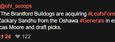 [OHLScoops] The Brantford Bulldogs are acquiring Leafs prospect Ben Danford and Zackary Sandhu from the Oshawa Generals in exchange for Aiden O’Donnell, Lucas Moore and draft picks.