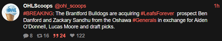 [OHLScoops] The Brantford Bulldogs are acquiring Leafs prospect Ben Danford and Zackary Sandhu from the Oshawa Generals in exchange for Aiden O’Donnell, Lucas Moore and draft picks.