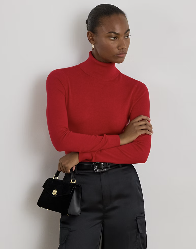 a model wearing a red ralph lauren turtleneck