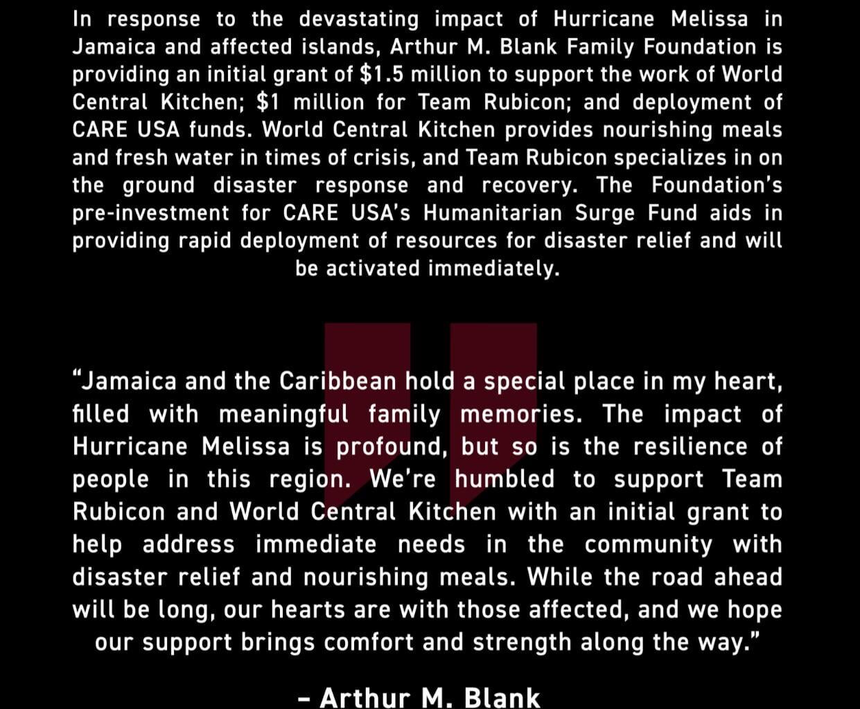 Arthur M. Blank Family Foundation Grants $2.5 Million for Immediate Hurricane Melissa Relief