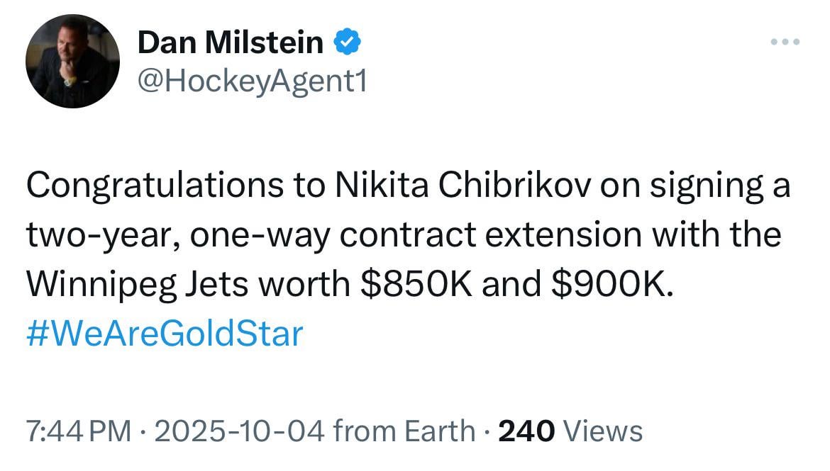 [Dan Milstein - Chibrikov’s Agent] Congratulations to Nikita Chibrikov on signing a two-year, one-way contract extension with the Winnipeg Jets worth $850K and $900K.