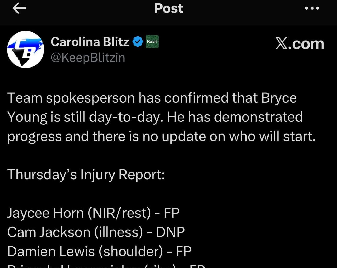 [Carolina Blitz] Today’s injury updates