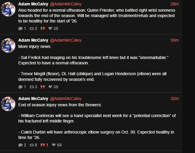 Injury updates from McCalvy: Contreras to see specialist about finger, Durbin to have arthroscopic elbow surgery