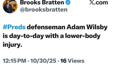 [Bratten] Adam Wilsby is day-to-day with a lower-body injury. Head Coach Andrew Brunette says Nick Blankenburg will draw in with the injury to Adam Wilsby. Fedor Svechkov will be back in the Nashville lineup tonight in Philadelphia; Tyson Jost will be scratched.