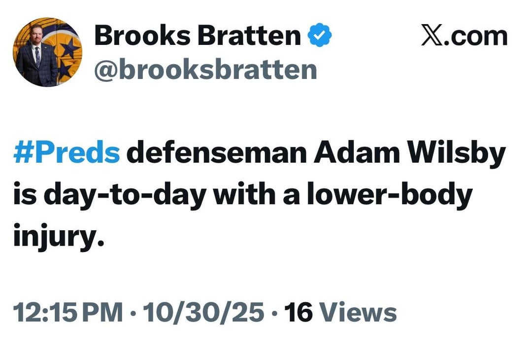 [Bratten] Adam Wilsby is day-to-day with a lower-body injury. Head Coach Andrew Brunette says Nick Blankenburg will draw in with the injury to Adam Wilsby. Fedor Svechkov will be back in the Nashville lineup tonight in Philadelphia; Tyson Jost will be scratched.