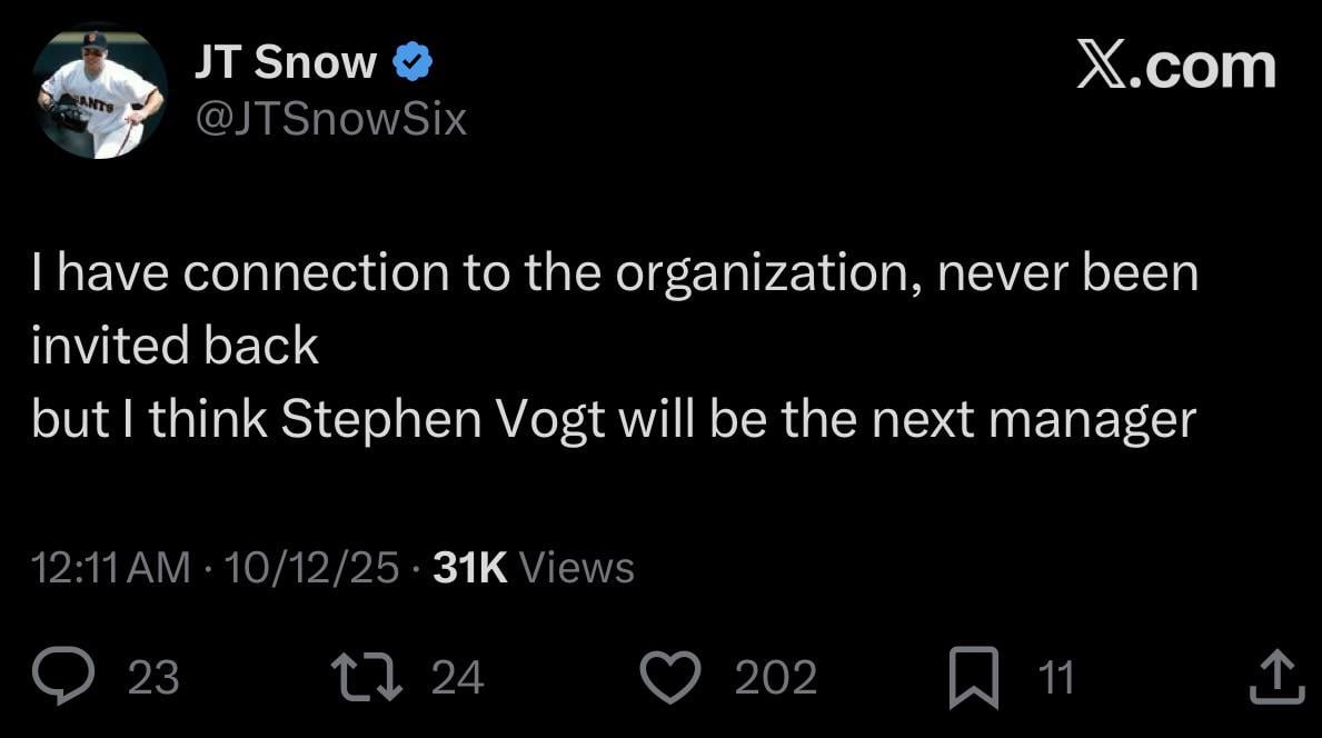 JT Snow says Stephen Vogt will be the next manager