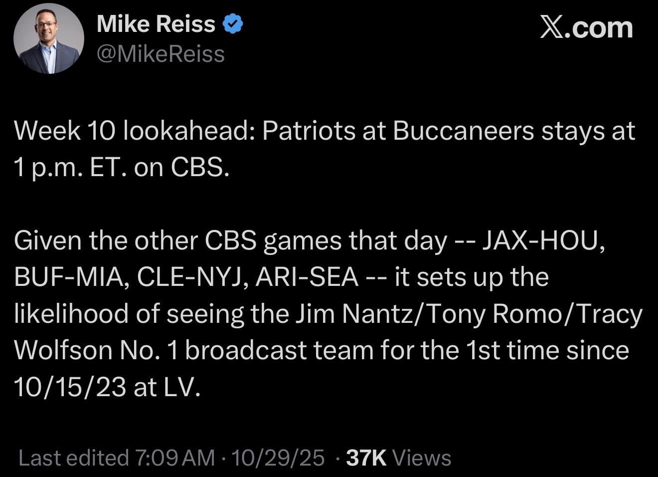 Patriots vs Bucs Stays At 1:00 PM, with Nantz / Romo likely on the call