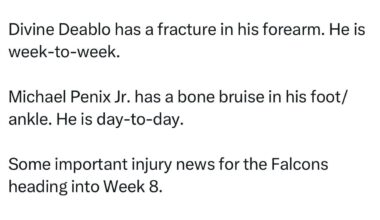[McElhaney] Divine Deablo has a fracture in his forearm. He is week-to-week. Michael Penix Jr. has a bone bruise in his foot/ankle. He is day-to-day. Some important injury news for the Falcons heading into Week 8.