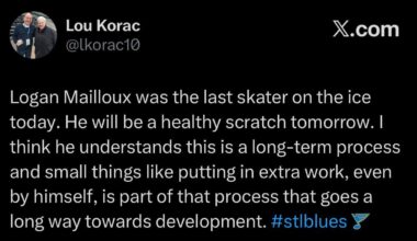 [Korac] Logan Mailloux was the last skater on the ice today. He will be a healthy scratch tomorrow. I think he understands this is a long-term process and small things like putting in extra work, even by himself, is part of that process that goes a long way towards development.
