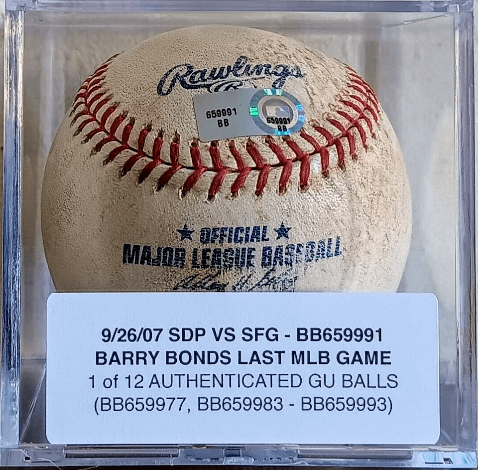 Excited to get one of these, game-used baseball from Barry Bonds final MLB game on Sept. 26th 2007.  Only 12 baseballs were collected and authenticated for that game.