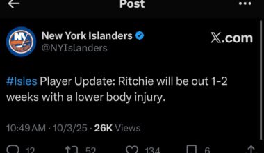 [Islanders] Player Update: Cal Ritchie will be out 1-2 weeks with a lower body injury