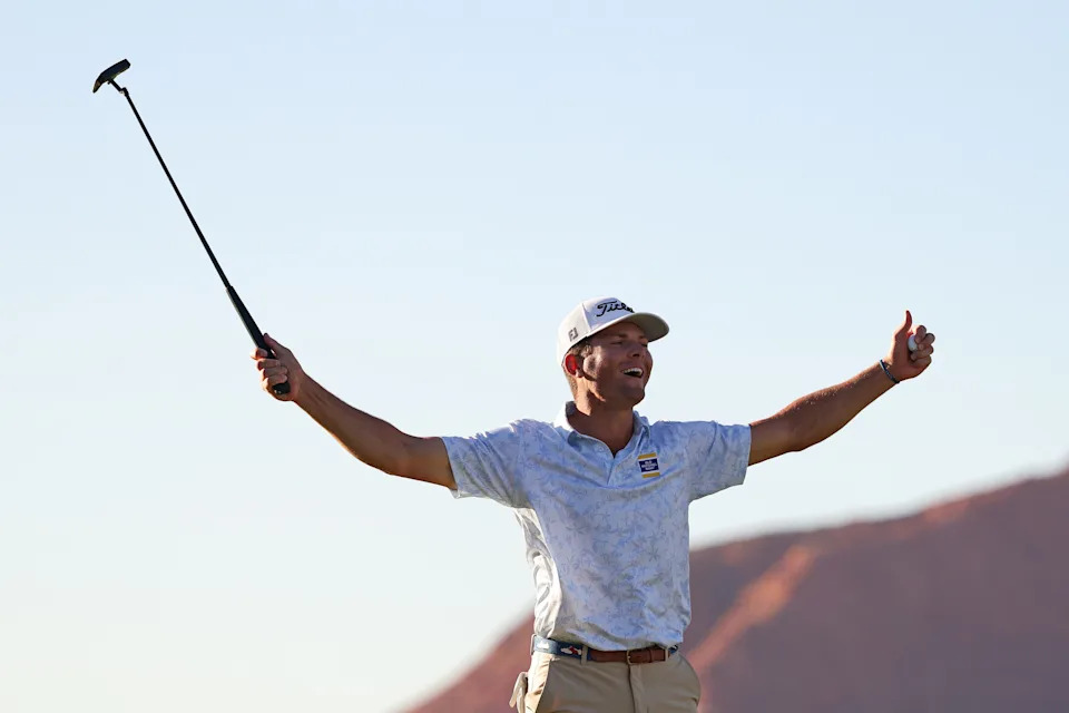 Michael Brennan reacts to his winning putt on the 18th green at the 2025 Bank of Utah Championship at Black Desert Resort.