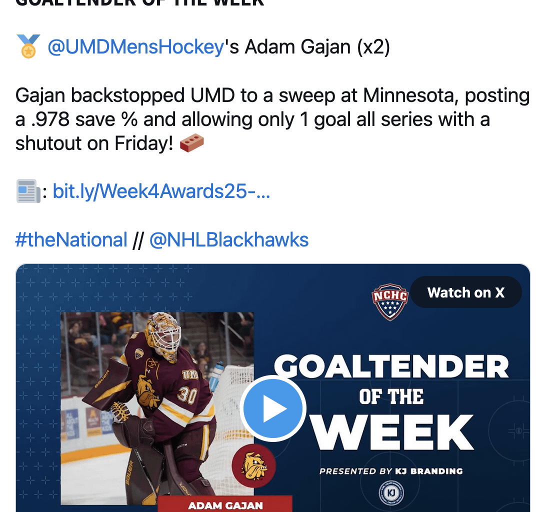 Adam Gajan looking good this year at Minnesota-Duluth
