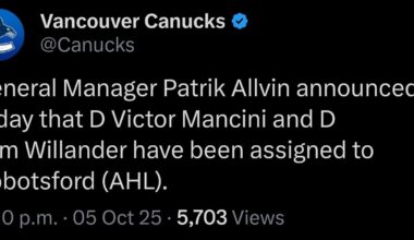 [Canucks] General Manager Patrik Allvin announced today that D Victor Mancini and D Tom Willander have been assigned to Abbotsford (AHL).