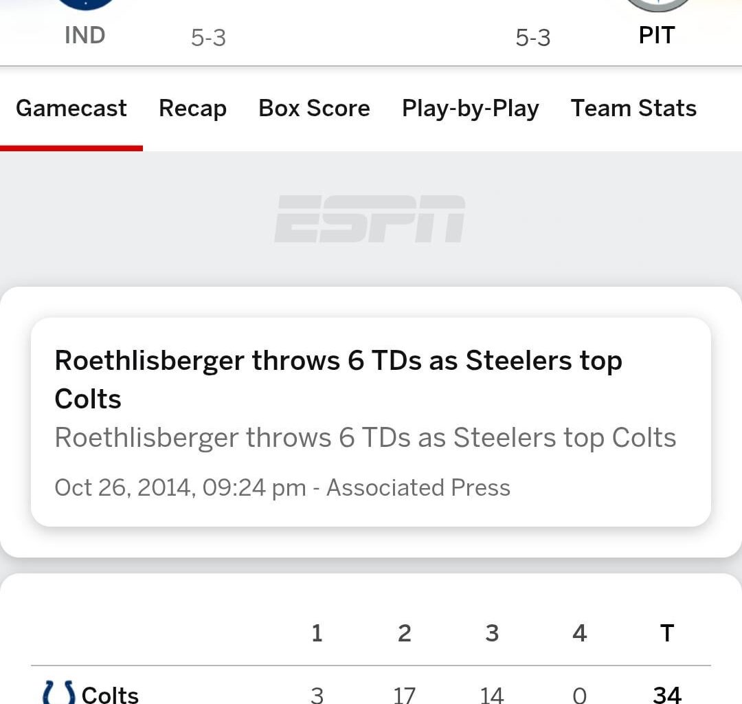 The last time The Steelers played on October 26th (2014)