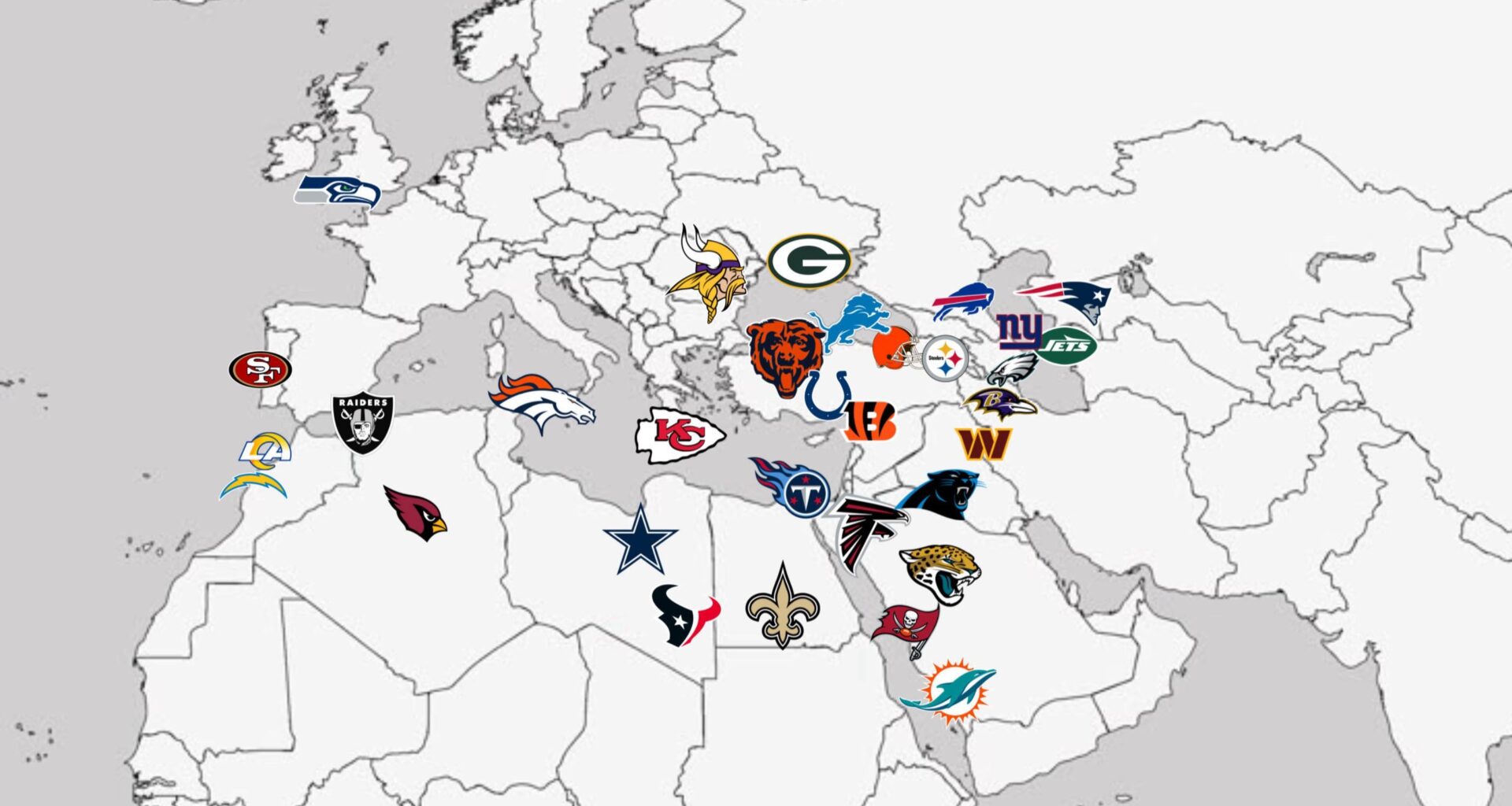 Map of NFL teams overlaid over Europe, North Africa and the Middle East.