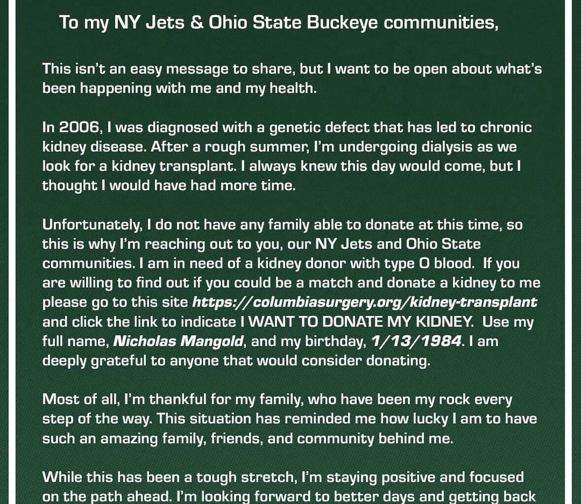 Nick Mangold needs a kidney.