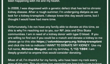 Nick Mangold needs a kidney.