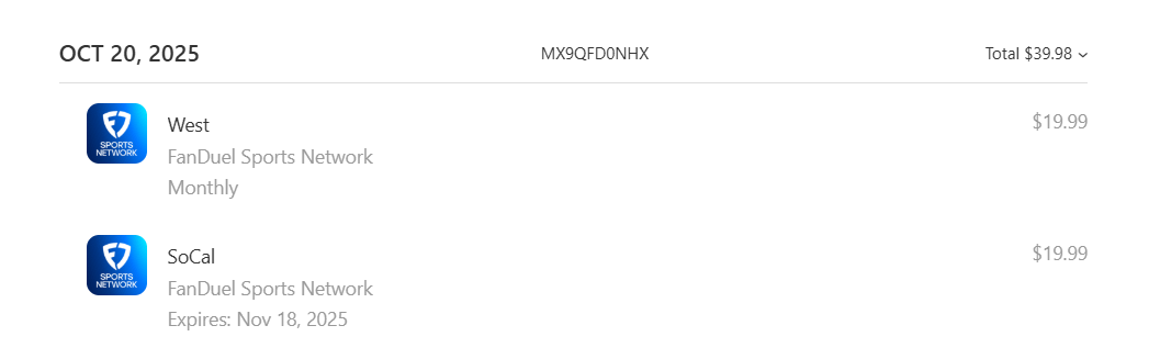 FanDuel Sports Network Billed Me Twice on Apple for West and SoCal Packages