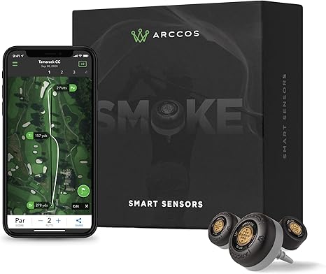 Arccos Smart Sensors for golf with smartphone app showing course map and distance tracking.