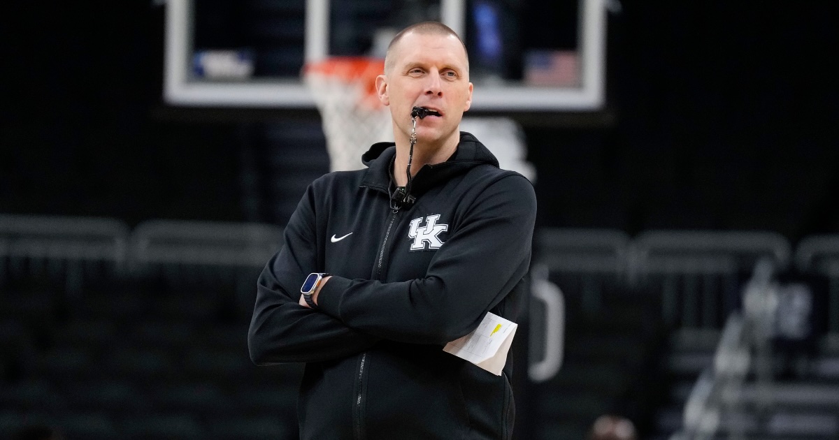 Mar 20, 2025; Milwaukee, WI, USA; Kentucky Wildcats head coach Mark Pope looks on during NCAA Tournament First Round Practice at Fiserv Forum. Mandatory Credit: Jeff Hanisch-Imagn Images