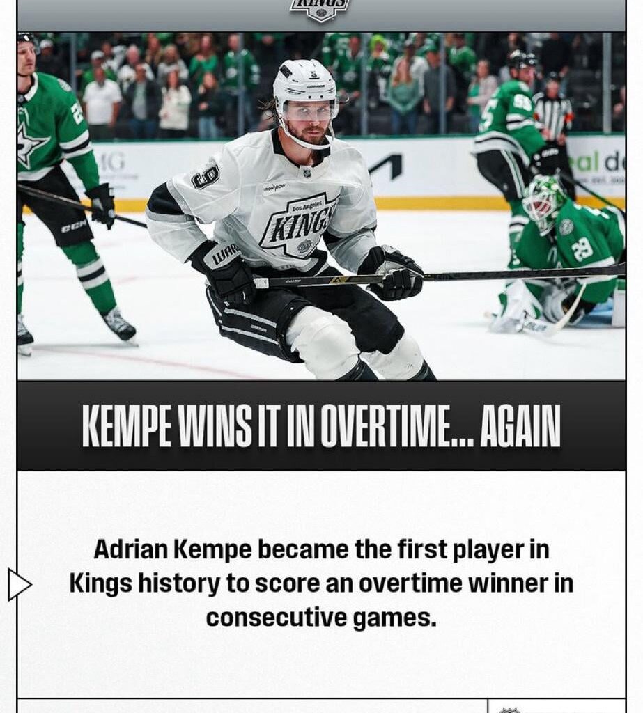Kempe became the first Kings player in their 58 year history to score OT winners in consecutive games
