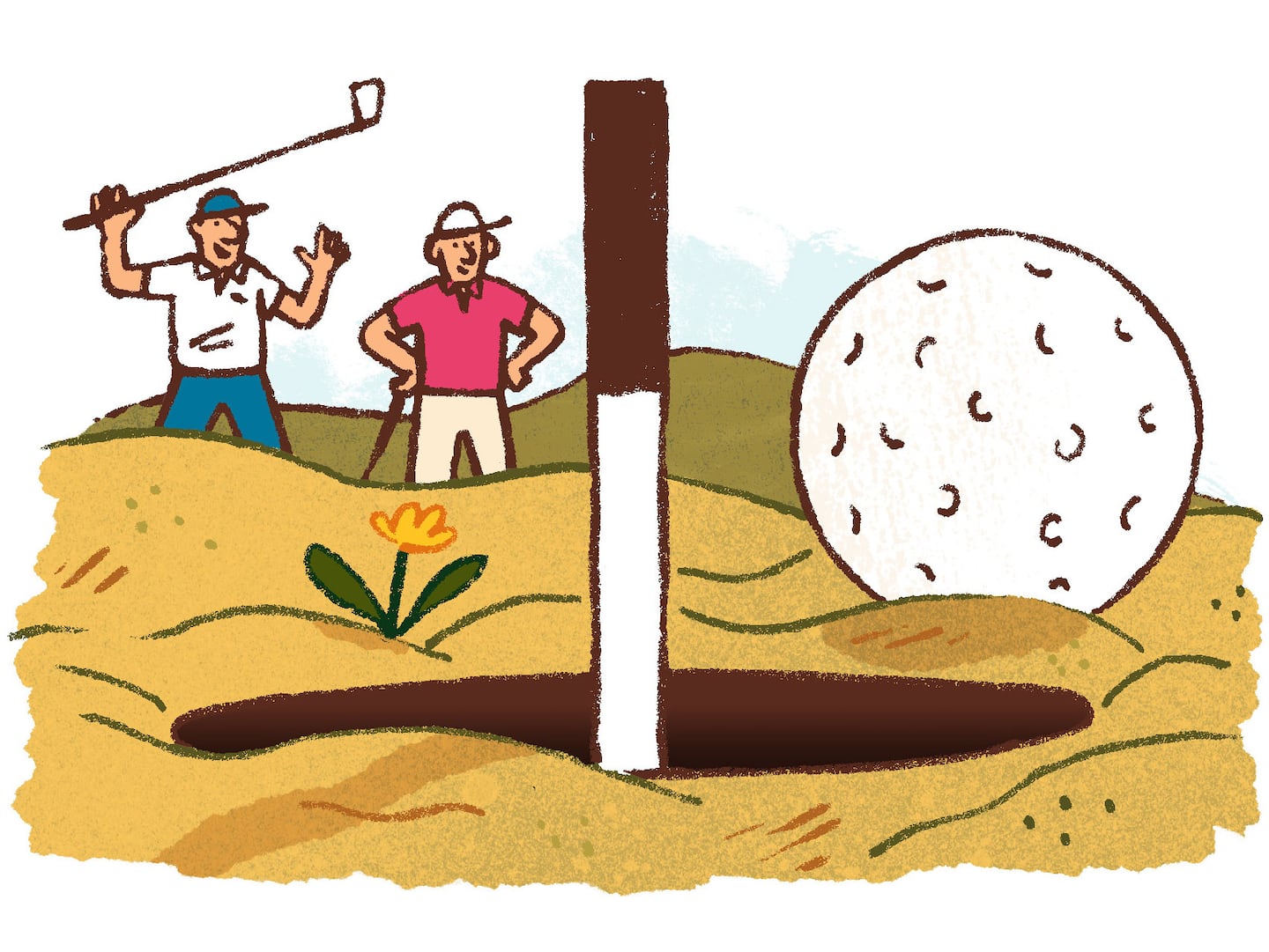 In the foreground, a close-up look at a golf ball next to a hole. The area around the hole is brown and bumpy looking. In the background, two golfers are looking at the ball.