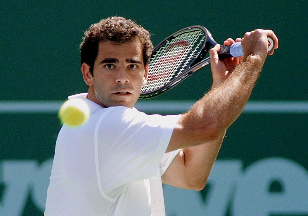 Pete Sampras hits a backhand against Yevgeny Kafelnikov at Indian Wells in 2001