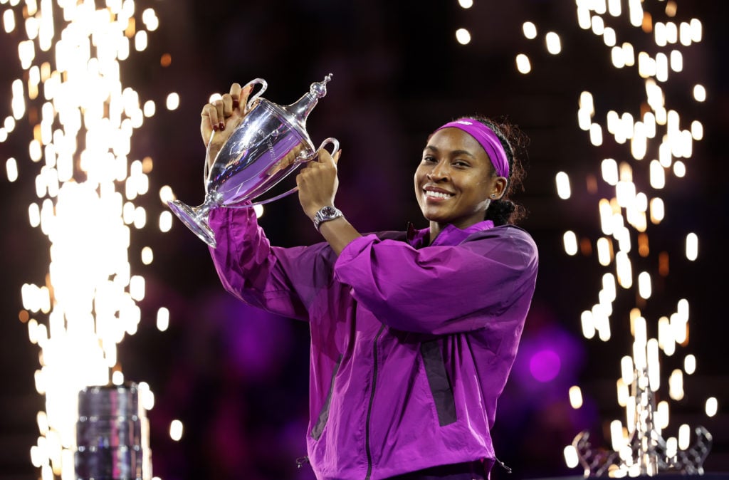 Coco Gauff of the United States holds the Billie Jean King Trophy after her three set victory against Qinwen Zheng of China in their Women's Singles Final match during Day 8 of the 2024 WTA Finals Riyadh as part of the Hologic WTA Tour at King Saud University Indoor Arena.