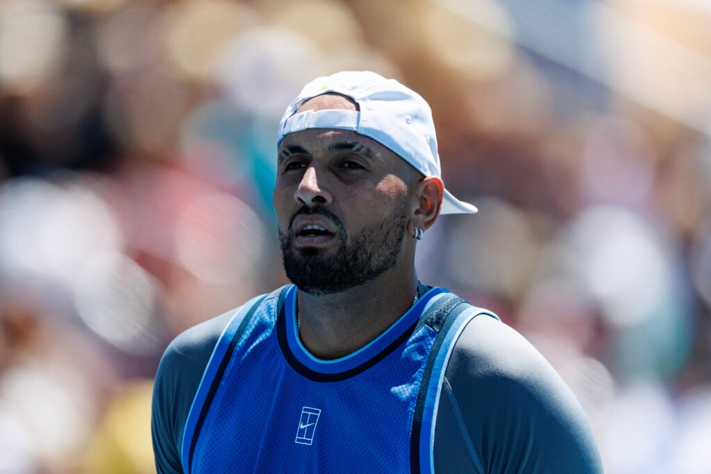 Nick Kyrgios of Australia looks dejected during his match against Karen Khachanov of Russia in the second round of the men's singles in the Miami Open at the Hard Rock Stadium.
